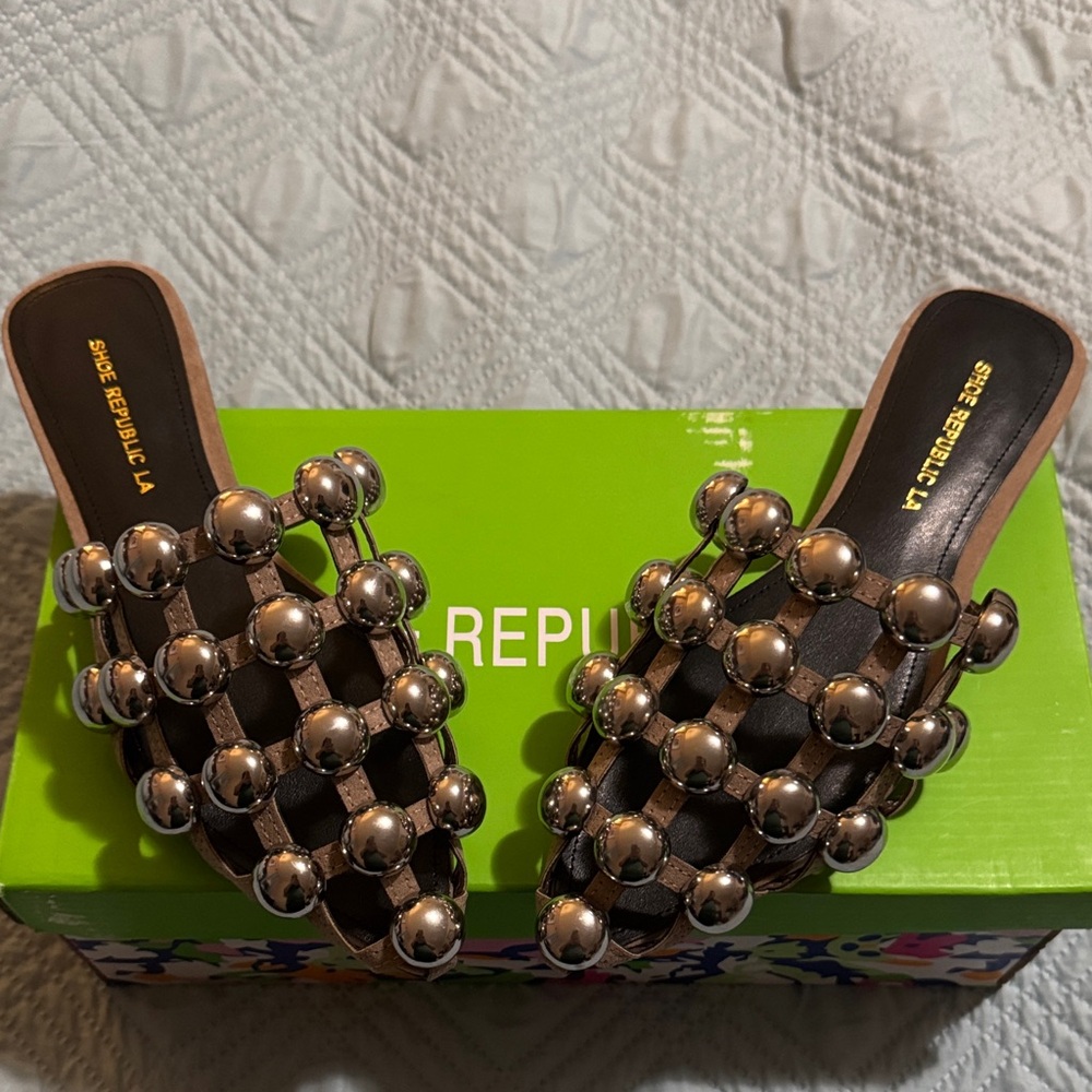 Shoe Republic LA Metallic Beaded Taupe Slide Sandals